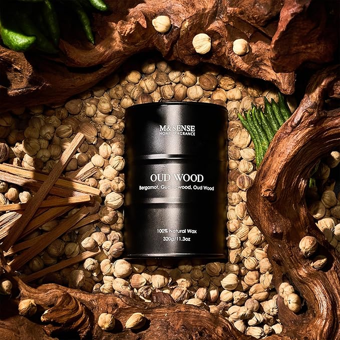 M&SENSE Oud Wood Scented Candles Natural Soy Wax, 11.3oz Long Lasting Up to 70 Hours Burning Time, Unique Candle Gifts for Men Women