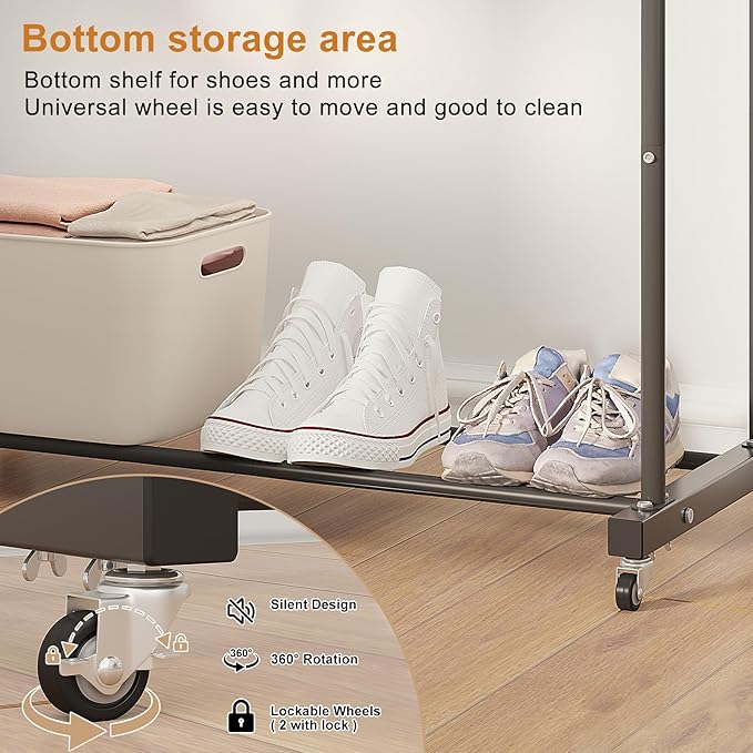 Calmootey Double Rods Clothes Garment Rack, Rolling Clothing Rack for Hanging Clothes, Coat Storage, Organizer for Bedroom, Livingroom, Apartments, Black