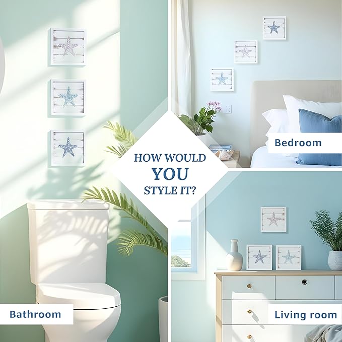 TideAndTales 3D Starfish Wall Art (Framed Set of 3) Coastal Theme Wall Hanging Decoration for Bathroom or Tropical Bedroom, Ocean Inspired Seashell Decor for Home or Beach House (7"x 7")