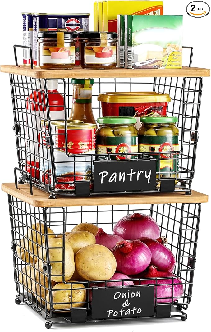 2 Set Large Stackable Wire Basket with Bamboo Tops & Tag- Pantry Organizer and Storage Bins, Kitchen Counter Cabinet Shelf Countertop Under Sink Organizing for Food Snack Produce Onion Potato Bread