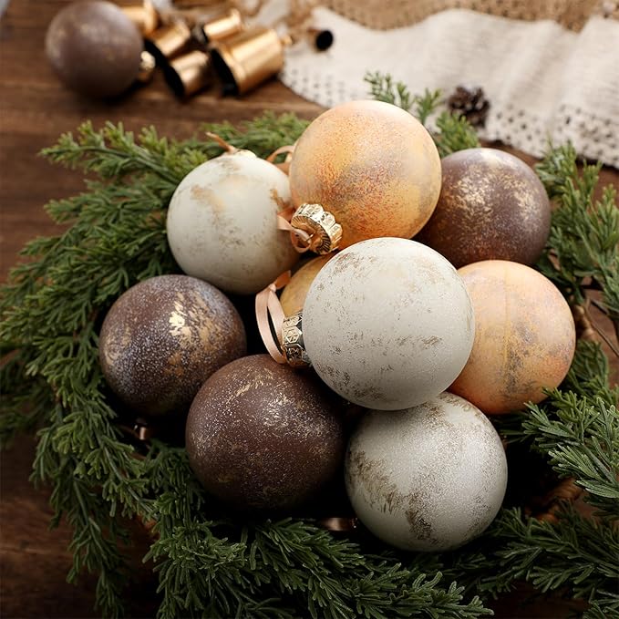 24 Pcs Neutral Textured Christmas Ball Ornaments 2.36'' Vintage Christmas Tree Decor Modern Rustic Brown Ornaments with Loop Shatterproof Hanging Ball for Xmas Farmhouse Decor (Light Brown)