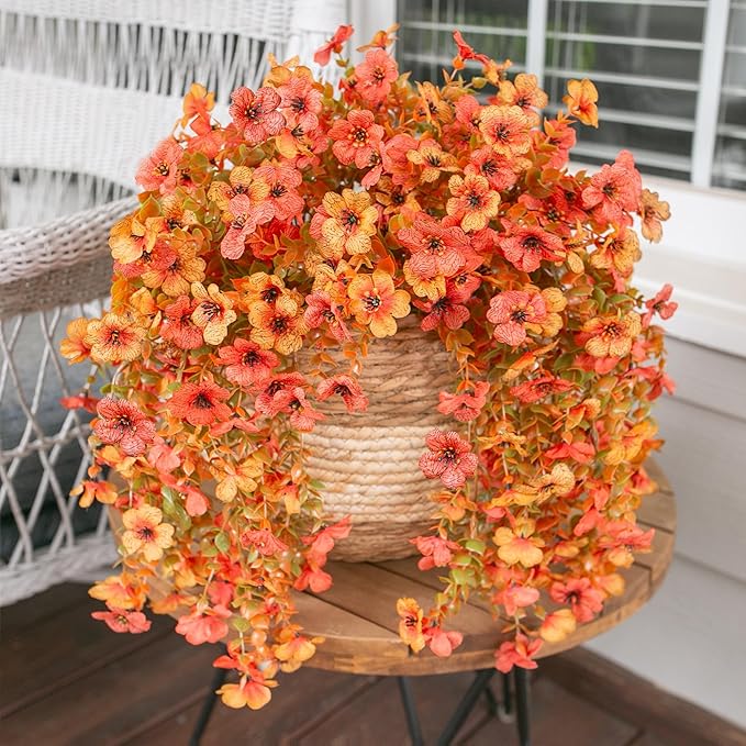 Artificial Flowers for Outdoors Fall Decoration, 2Pcs Fall Orange Yellow Hanging Flowers with Autumn Eucalyptus Leaves Faux Silk Flower Decor for Home Porch Patio Balcony Planter Yard