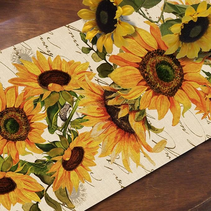 Seliem Fall Sunflowers Table Runner, Vintage Spring Summer Flower Home Kitchen Dining Decor, Seasonal Farmhouse Floral Decorations Indoor Outdoor Party Supply 13 x 108 Inch