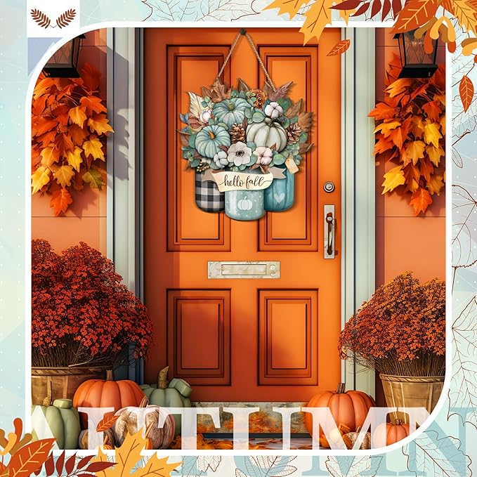 Boao Blue Hello Fall Door Decorations for Home Thanksgiving Decor Pumpkin Plaid Hanging Sign Wooden Front Door Hanger for Autumn Harvest Thanksgiving Porch Indoor Outdoor Home Decorations