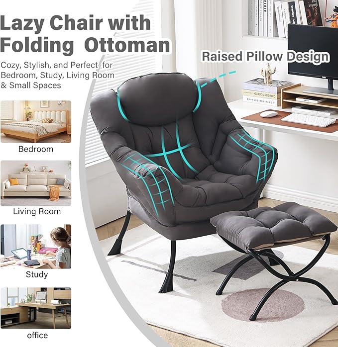 Lazy Chair with Ottoman, Modern Chair with Folding Footrest, Lounge Accent Chair, Comfortable Reading Chair, Oversized Armchairs for Bedroom, Study, Living Room, Courtyard (Dark Grey)