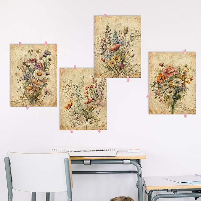 HRQKO Vintage Floral Wall Art Poster Prints Set of 4, Retro Wildflower Artwork Printing Posters, Botanical Flowers Prints for Living Room Bedroom 12"x16" Unframed