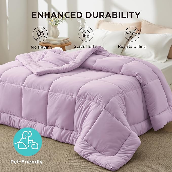 Bedsure Comforter Duvet Insert - Quilted Comforters Twin Size, All Season Duvet, GentleSoft Down Alternative Bedding, with 8 Tabs, Gifts for Women/Men, Light Purple, Twin 88 x 68 Inches