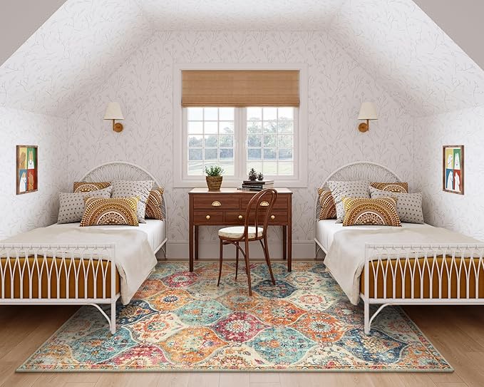 Lahome Moroccan 5x8 Area Rug, Ultra-Thin Washable Rugs for Living Room Bedroom, Soft Large Oriental Non-Slip Non Shedding Throw Large Carpet for Dining Room Office, Cream/Multi