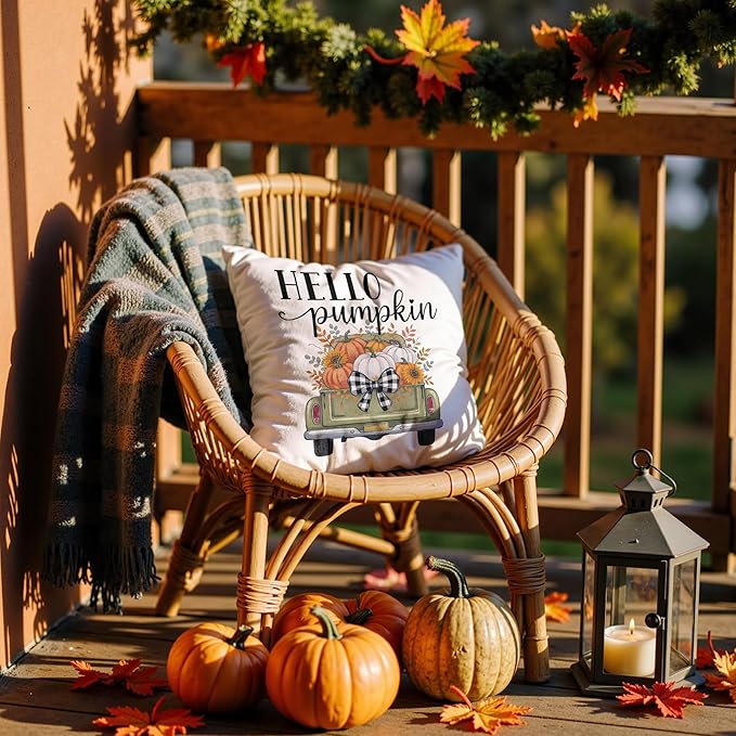 Fall Hello Pumpkin Pillow Covers 18x18, Farmhouse Country Cottage Autumn Decor, Fall Autumn Pumpkin Pickup Truck Decorative Throw Pillow Covers for Home Bedroom Living Room