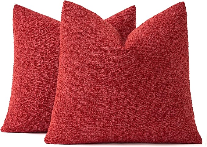 MIULEE 22x22 Inch Decorative Euro Sham Throw Pillows for Bed Set of 2 Textured Boucle Neutral Throw Pillow Covers Red Accent Solid Euro Couch Pillowcase Cozy Soft Sofa Livingroom Home Decor