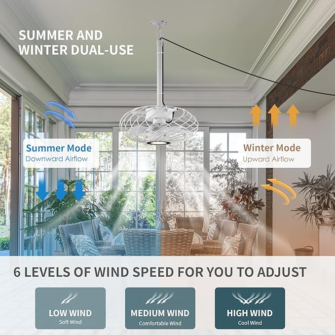 15" Outdoor Ceiling Fan with Light, Waterproof Gazebo Fan Remote Control, Dimmable LED Light, Hanging White Caged Ceiling Fixtures with Plug in Cord for Pergola