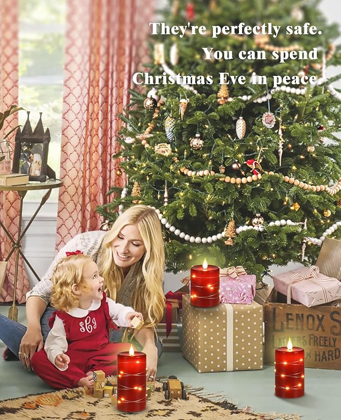Da by Red Flameless Candles with String Lights, Battery Operated Candles with Remote Control and Timer,Flickering LED Pillar Candles for Home Décor,Real Wax,3 Pack -Red