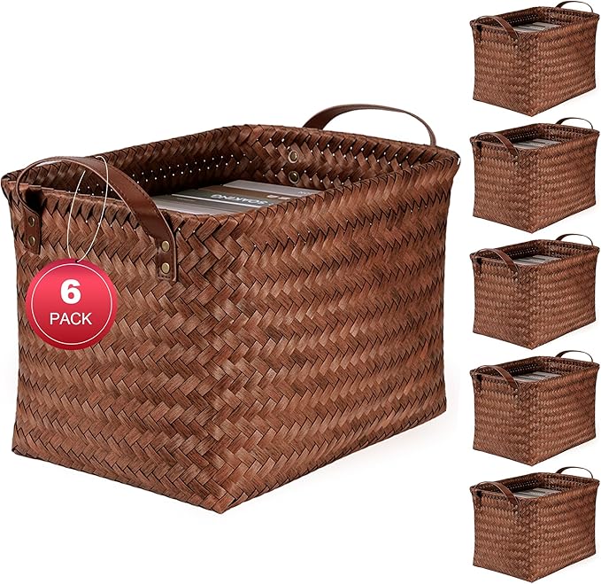 15L Laundry Baskets Waterproof Storage Baskets For Shelves Large Laundry Hamper With Leather Handle -set of 6 Cube Organizers Woven Bins for Bathroom,Bedroom,Pantry,Clothes,Car & Towels-Brown