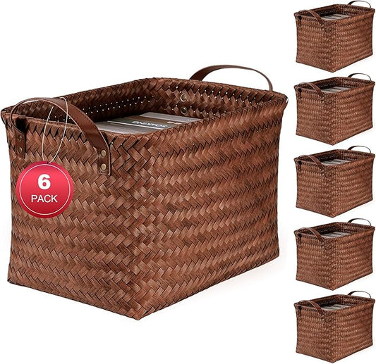 15L Laundry Baskets Waterproof Storage Baskets For Shelves Large Laundry Hamper With Leather Handle -set of 6 Cube Organizers Woven Bins for Bathroom,Bedroom,Pantry,Clothes,Car & Towels-Brown