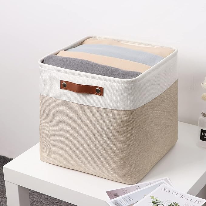 Temary Cube Storage Bins 13x13 Fabric Storage Cubes Baskets Set Of 4 Cloth Baskets for Shelf, Large Bin Empty Basket for Organizing, Shelf Basket (White&Khaki)