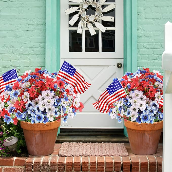 AGIRL 24 Bundles Artificial Flowers for Outdoor,No Fade Fake Plastic Flowers for Garden Porch Window Box Home,Red White Blue Faux Plants for 4th of July Memorial Day Independence Day Patriotic Decor