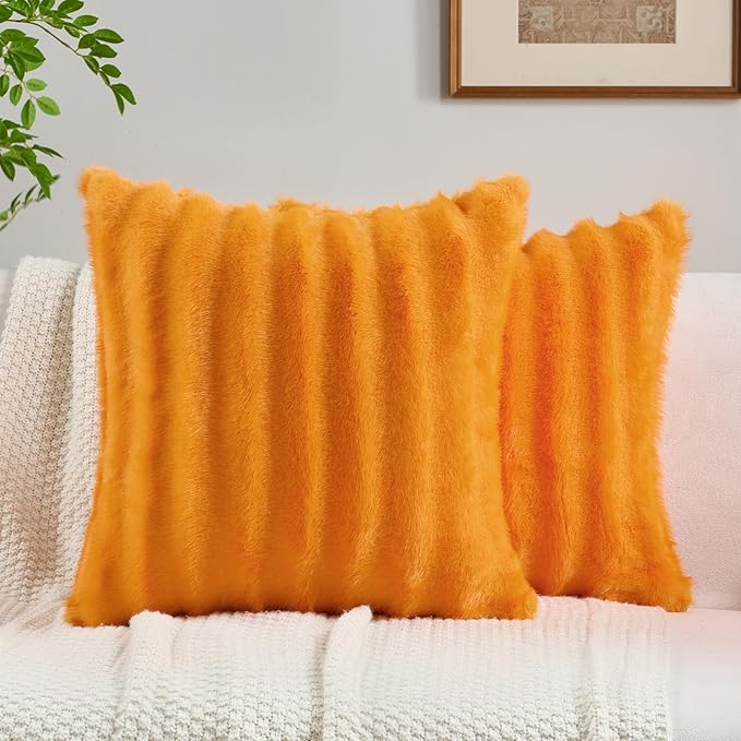 FUTEI Orange Decorative Throw Pillow Covers 16x16 Inch Set of 2,Soft Fluffy Faux Mink Fur Dyeing Striped Textured Cushion Case,Modern Home Decor for Couch Bed Living Room