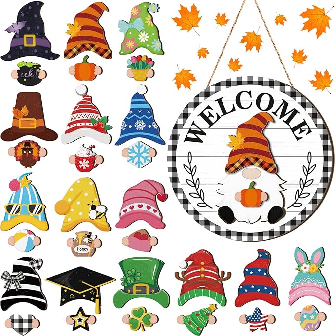 Qunclay Interchangeable Wooden Gnome Decor Holiday Seasonal Gnome Decorations with Magnet Pieces and Detachable Hats Changeable Welcome Sign for Home(Black and White Checkered Style)
