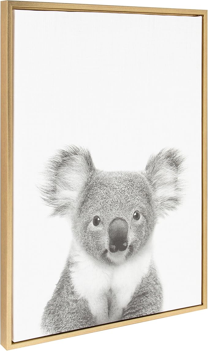 Kate and Laurel Sylvie Koala Animal Print Black and White Portrait Framed Canvas Wall Art by Simon Te Tai, 23x33 Gold