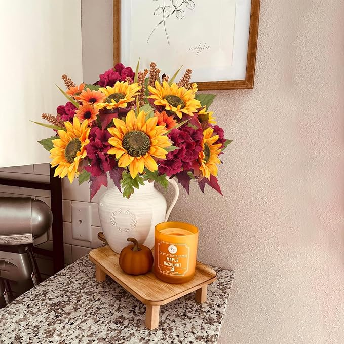HUAESIN Artificial Fall Flowers for Decoration Fake Sunflowers with Hydrangea Foam Berries Fall Floral Arrangements for Home Table Kitchen Bedroom Farmhouse Thanksgiving Decorations