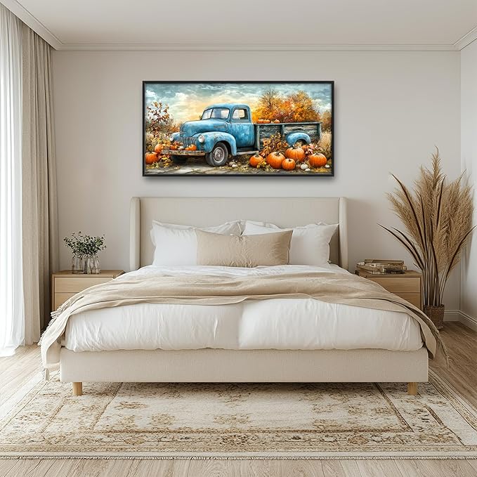 Olivine Fall Large Wall Art, Pumpkin Pictures Wall Decor, Truck Painting, Country Autumn Canvas Prints, Framed Artwork for Dining Room Living Room Bedroom Bathroom Office Home Decor 60"x30"