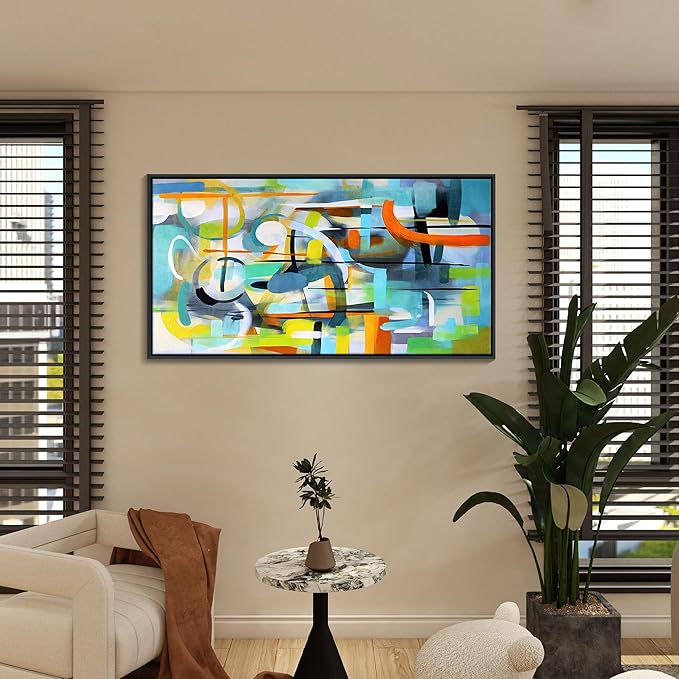 Mofutinpo Abstract Wall Art- Framed Modern Colorful Canvas Wall Pictures-Teal And Blue Line Art -Pictures for Living Room Wall Decoration- Graffiti Paintings for Bedroom-Office Wall Decor 24×48IN