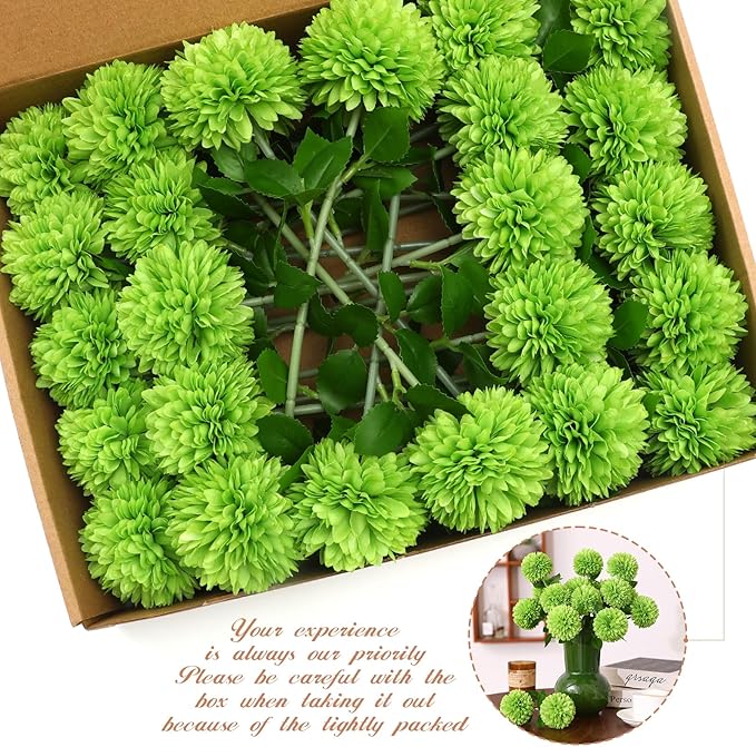 Floweroyal 24pcs Green Flowers Artificial Chrysanthemum Ball Silk Hydrangea Flowers Bridal Wedding Bouquet for Home Garden Party Office St Patricks Day Decor