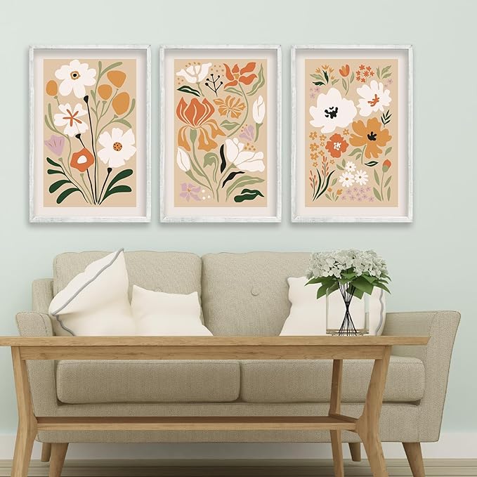 Boho Flowers Plant Wall Art Sign Set of 3 16"x24" Mid Century Modern Minimalist Wooden Framed Abstract Botanical Flower for Vintage Living Room Offic Bedroom Wall Hanging Decoration (White)