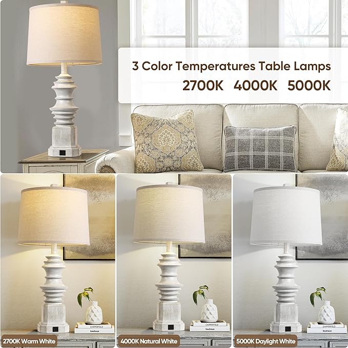 QiMH Table Lamps for Nightstand Set of 2, Bedside Lamp with USB A+C Charging Ports, Farmhouse Table Lamp with Linen Lampshade, Lamps for Living Room, Bedroom Lamps with LED Bulbs, Grey