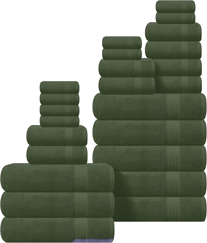 GLAMBURG Ultra Soft 24-Piece Towel Set - 100% Pure Ringspun Cotton, Contains 8 Oversized Bath Towels 27x54, 8 Hand Towels 16x28, 8 Wash Cloths 13x13 - Ideal for Everyday use, Hotel & Spa - Olive Green