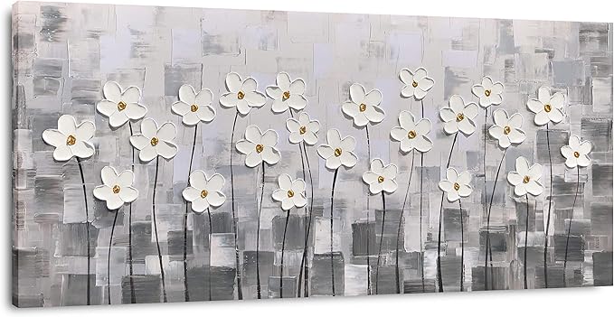 Yihui Arts Wall Art Pallet Knife Pictures Painting White Lily Bouquet of Flowers Oil Painting Floral Artwork Print on Wrapped Canvas for Walls