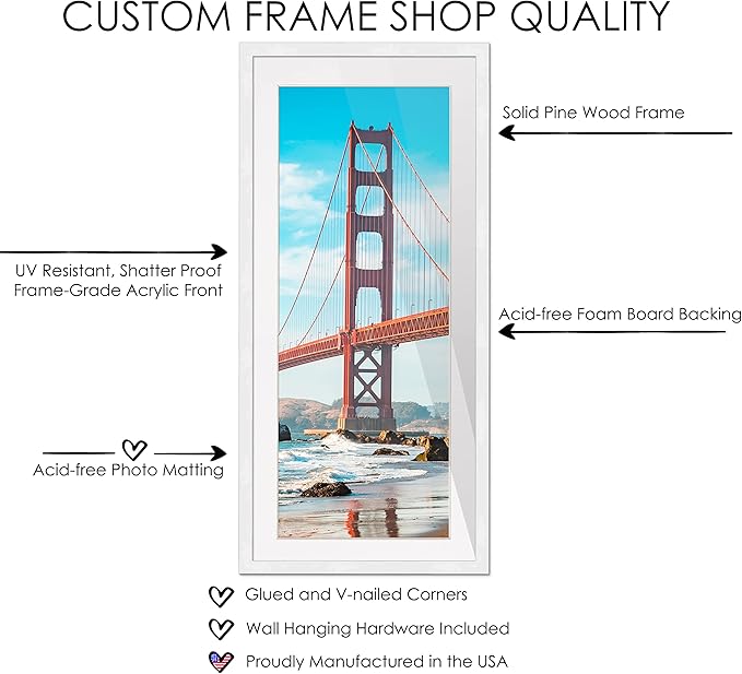 13.5x40 Frame White Wood with White Mat | 16x43 Frame Matted to 13.5x40 | Display Your Print Under UV Acrylic Shatter Guard Front, with Foam Board Backing and Wall Hanging Hardware - Solid Pine Frame