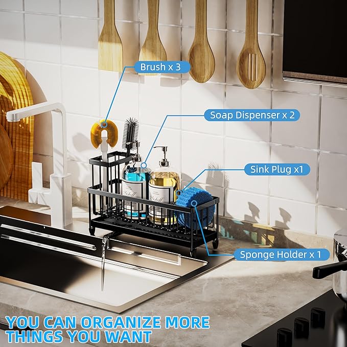 Moforoco Extra Large Sponge Holder for Kitchen Sink Organizer Caddy, Dish Brush Scrubber Holder,Stainless Steel Sink Box Utensil Holder,Soap Dispenser Set Tray Counter Accessories & Storage Rack