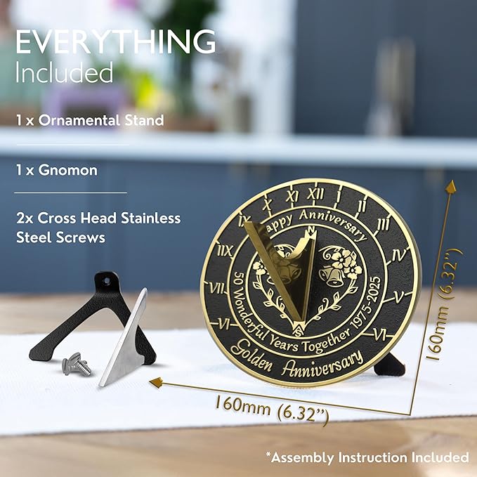 Anniversary Sundial Gift for 50th Golden Wedding Anniversary in 2025 - Recycled Metal Home Decor Or Garden Present Idea - Handmade in UK for Him, Her Parents Or Couples 50 Year Celebration