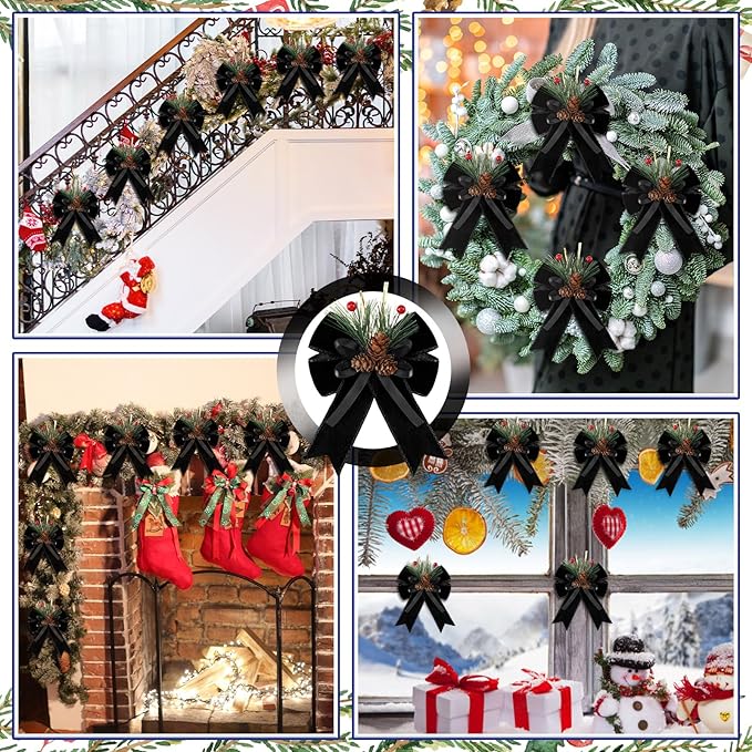 Syhood 6 Pcs Christmas Bows with Pine Cones Pine Needles Black Xmas Velvet Bows Elegant Ribbon Christmas Tree Wreath Decoration for Xmas Parties Indoor Outdoor Crafts DIY Decor