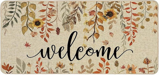 ORTIGIA Welcome Fall Doormat Eucalyptus Leaves Sunflowers Door Mats Indoor Outdoor Patio Non-Slip Durable Entrance Floor Mat for Farmhouse Home Entrance, Outside, Yard, Patio 17x36 Inch