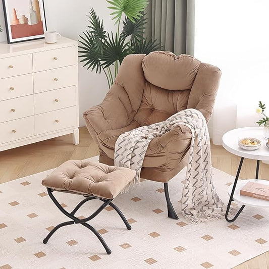 Lazy Chair with Ottoman, Modern Chair with Folding Footrest, Lounge Accent Chair, Comfortable Reading Chair, Oversized Armchairs for Bedroom, Study, Living Room, Courtyard (Khaki)