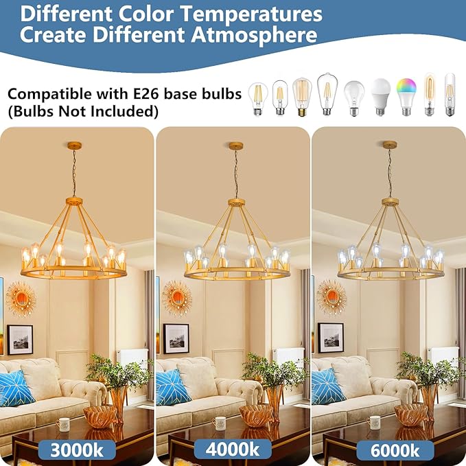 9MMML Gold Wagon Wheel Chandelier, 12-Light Industrial Pendant Light, 31.5'' Farmhouse Ceiling Hanging Chandelier Light Fixture for Living Room, Bedroom, Entryway, Foyer