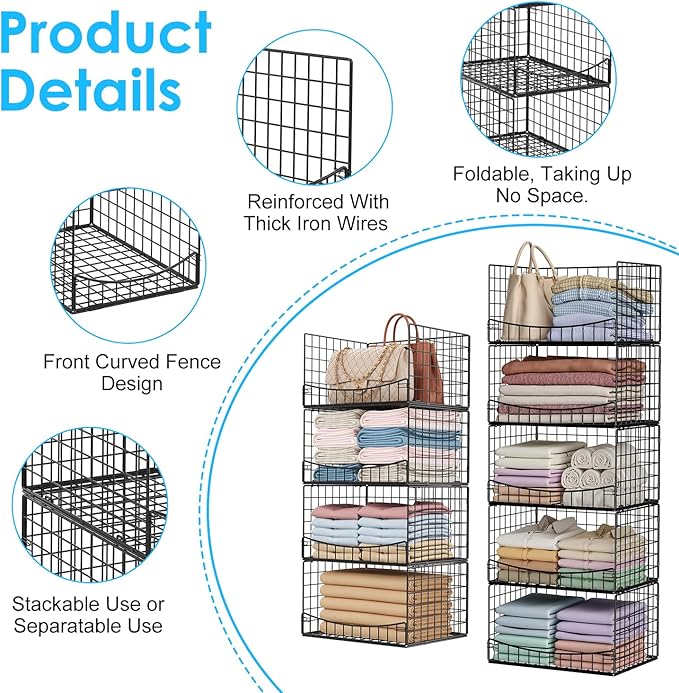 JKsmart 5-Tier Stackable Closet Organizers and Storage Shelves,Extend Clothing Closet Shelf Bins for Jeans Pants Sweaters - Wardrobe Cupboard Clothes Organizer System-Wider Mouth Design