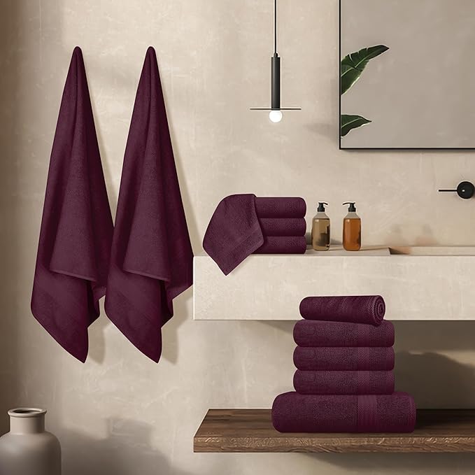 GLAMBURG Ultra Soft 24-Piece Towel Set - 100% Pure Ringspun Cotton, Contains 8 Oversized Bath Towels 27x54, 8 Hand Towels 16x28, 8 Wash Cloths 13x13 - Ideal for Everyday use, Hotel & Spa - Burgundy