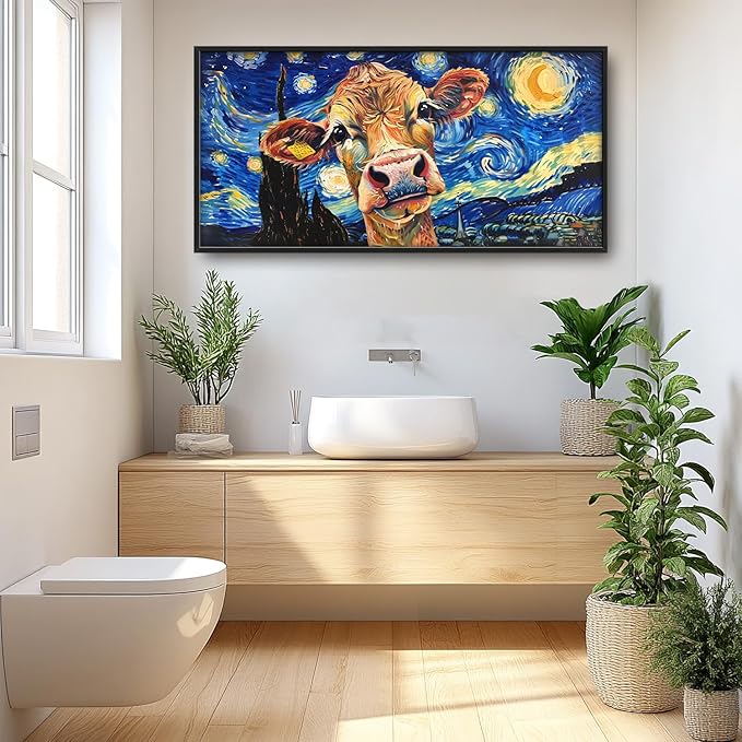 Flintis Large Cow Wall Art Starry Sky Night Cow Pictures Wall Decor Abstract Animal Canvas Painting Print Artworks Decorations Framed for Living Room Bathroom Master Bedroom Office 60L x 30W
