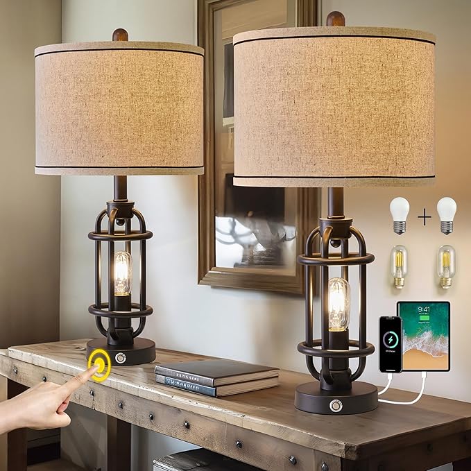 23.75'' Industrial Black Metal Table Lamps Living Room Lamp for Nightstand Bedroom lamps Set of 2 Bedside End Side Table Lamps Home Decor Touch Lamp Modern Lamps With USB Port, Bulbs Included