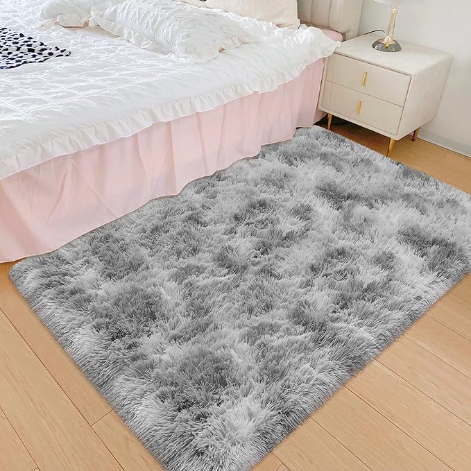 Small Area Rug for Bedroom 3x5ft Mini Tie Dye Grey Fluffy Rug Mat Bedside Throw Rug for Kids Room Boys Teens Nursery Baby Dorm Living Room Home Decor for Modern Floor Rug