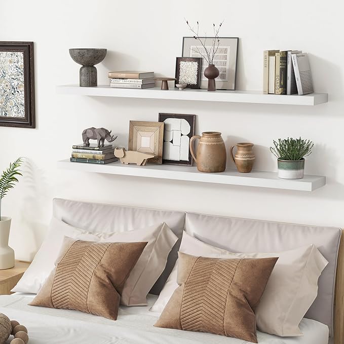 White Floating Shelves 48 Inch Set of 2, Solid Wood Wall Mounted Shelves 48 Inches Long, Modern Floating Shelves for Bedroom Living Room Bathroom - White