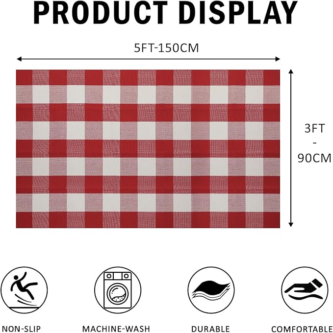 SEEKSEE Cotton Buffalo Plaid Rug 3'x5' Red and White Checked Rug Washable Doormats Indoor Outdoor Rugs for Layered Front Door Mats, Porch, Kitchen, Farmhouse, Entryway