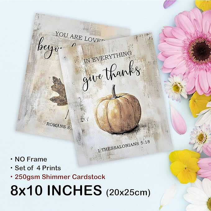 TLESKE Rustic Fall Christian Pumpkins Maple Leaves Posters Prints Unframed Set of 4 for Farmhouse Bedroom Living Room Kitchen, Vintage Autumn Wall Art Prints Decor, Thanksgiving Wall Pictures, 8x10