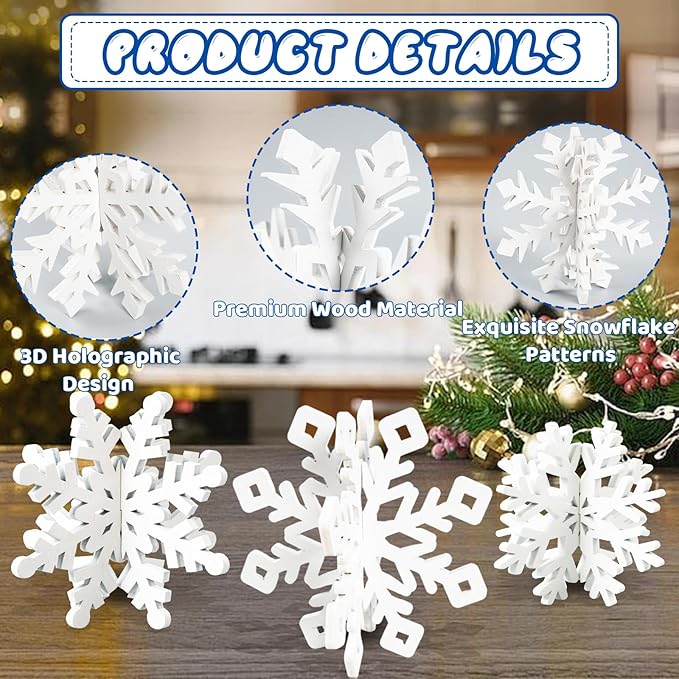 OuMuaMua 18 Sets Winter Christmas Centerpiece Table Decorations - 36pcs Wooden Snowflakes Decor 3D White Snowflake Tabletop Decor for Xmas Holiday Tiered Tray Desk Winter Farmhouse Home