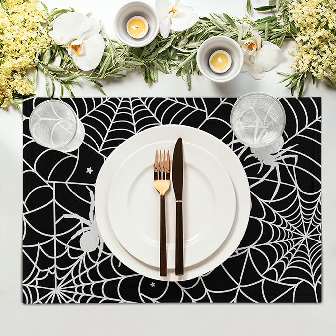 Halloween Placemats 12×18 Inches Set of 4 Spiders Black White Spiderweb Seasonal Holiday Indoor Kitchen Dining Table Place Mats for Home Party Decoration