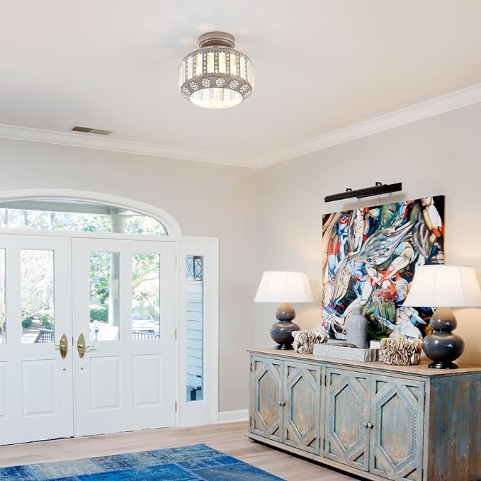 Rustic Crystal Ceiling Light, Semi Flush Mount Ceiling Light in Vintage Brass Finish, Modern Light Fixture for Bedroom, Hallway, Entryway, or Living Room