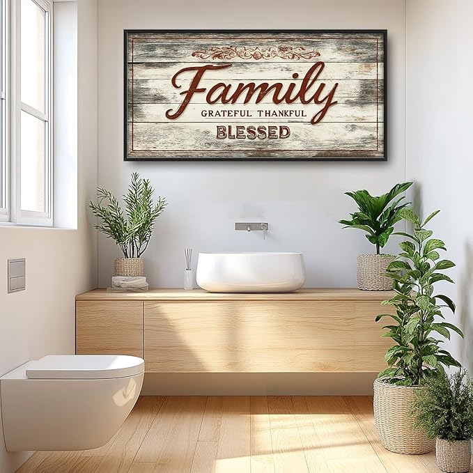 Large Family Wall Art Family Word Sign Pictures Wall Decor Home Quotes Grateful Thankful Blessed Canvas Painting Print Artwork Framed for Living Room Bathroom Master Bedroom 60L" x 30W"
